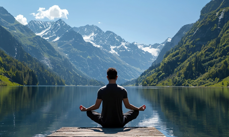 man meditating on the lake