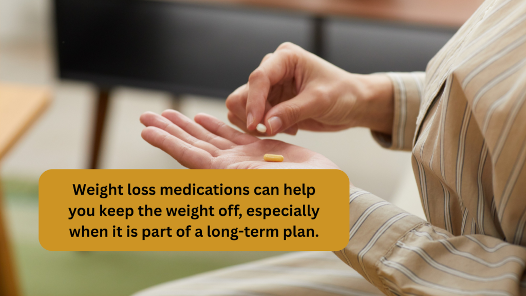 Close-up of a person holding a pill in hand with text about long-term results, representing the Best Weight Loss Medication as part of a sustainable weight management plan